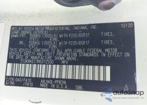 2021 Toyota Sienna Le z USA, uszkodzony, nr VIN 5TDKRKEC1MS012500